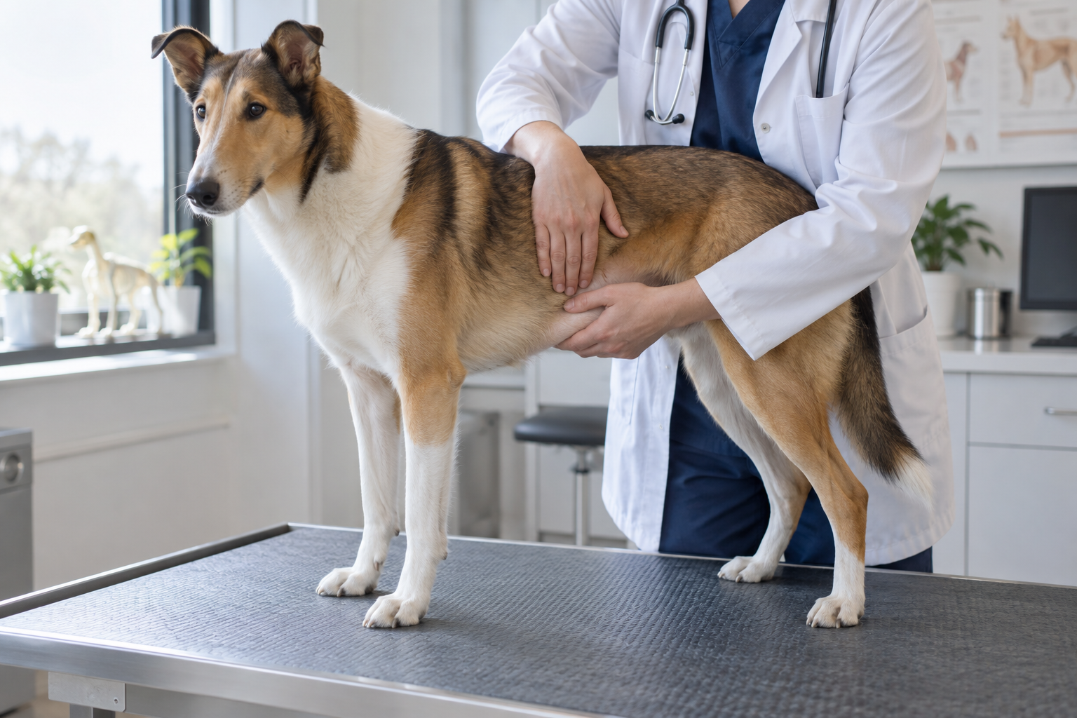 Veterinárka jemne vyšetruje brucho hladkosrstej kólie na stole